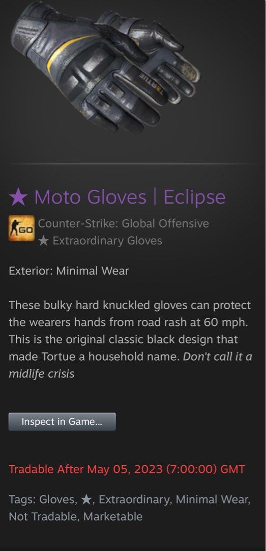 Moto gloves Eclipse Mininal wear Csgo, Video Gaming, Gaming Accessories