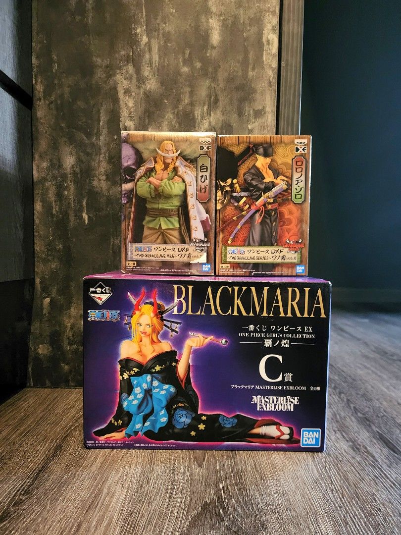 One piece ichiban kuji girl collection masterlise exbloom prize c black maria bandai dxf the grandline men vol9 vol5 roronoa zoro white beard figures (Category: Toy Figures) located in Singapore. Submitted by opcvo (Listing ID 1229903060, Image 1). Description: All item are 100% authentic and BNIB. Dxf Zoro-$20(sold) Dxf White beard(Gold toei)-$24 Ichiban kuji Black maria-$59 Buy 2 for $2 off Buy all for $4 off.