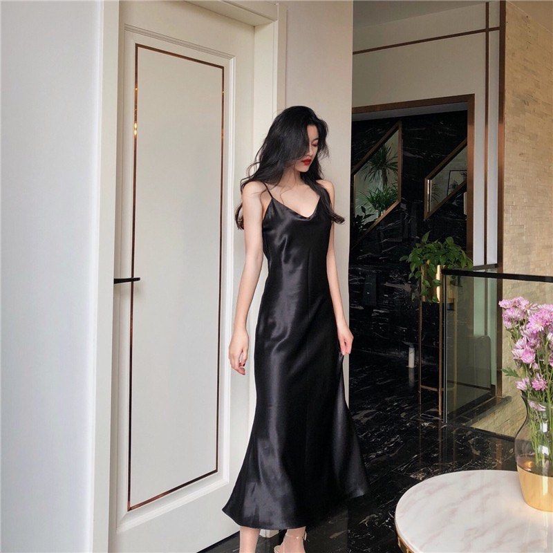 Black satin hot sale sleeveless dress