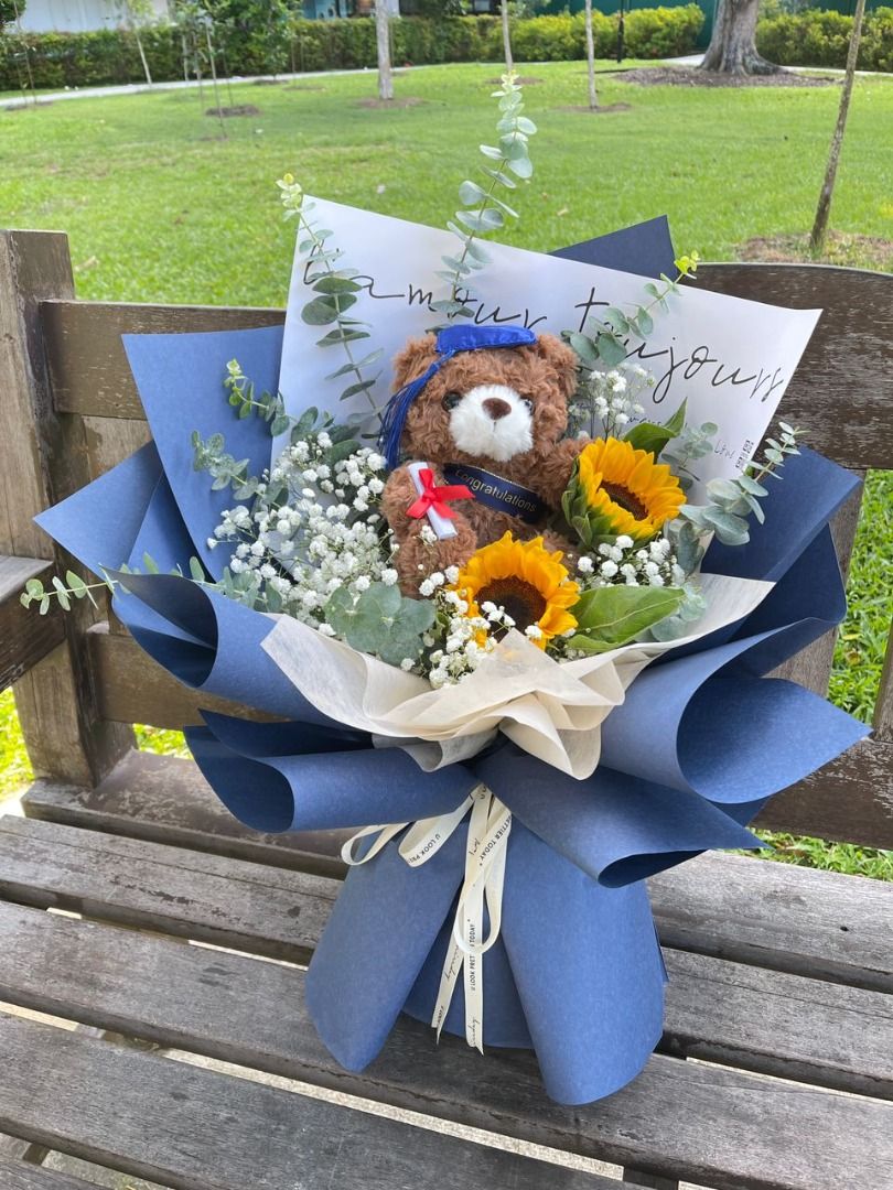 Teddy Bear Graduation Flower Bouquet with Fresh Sunflower, Baby Breath