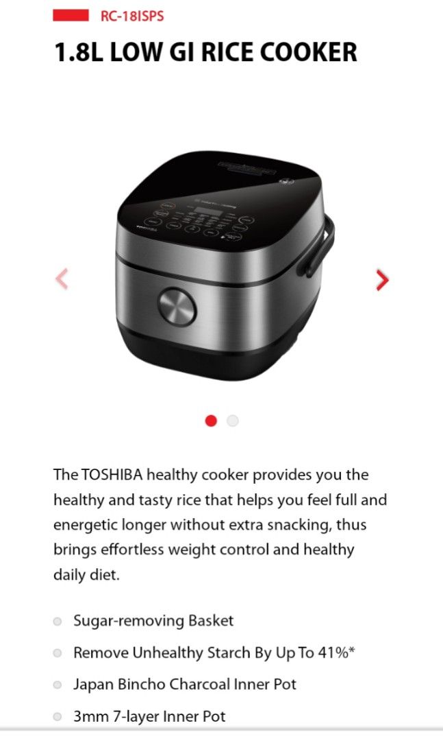Toshiba 1.8L Low Sugar GI Healthy Rice Cooker, TV & Home Appliances