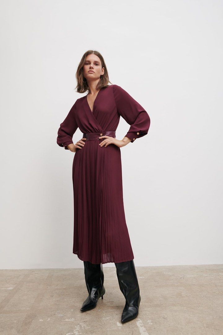 ZARA Burgundy Wine Pleated Midi Dress Women s Fashion Dresses