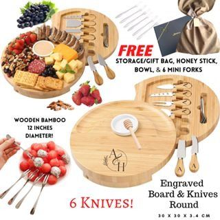 6 KNIVES! Large 30cm Round Cheeseboard Wedding Gift Set Personalized Engrave Corporate Charcuterie