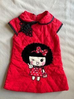 女童 🧧過年喜氣拜年可愛娃娃厚鋪棉紅色旗袍背心洋裝 #110cm #二手童衣童裝