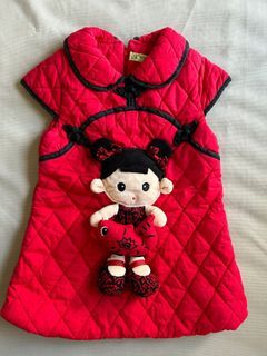 女童  過年🧨喜氣拜年厚鋪棉紅色旗袍背心洋裝-年年有魚款 #90cm #二手童衣童裝
