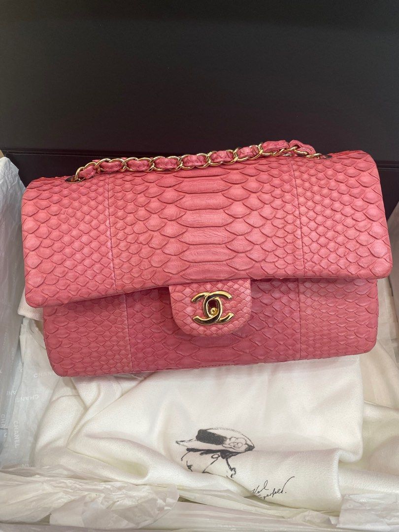 正品 真品 Chanel 經典 coco 雙蓋 cf 25cm 桃粉紅 絕版 特殊皮 蛇皮 玫瑰金釦 2.55 雙鍊 全新全配