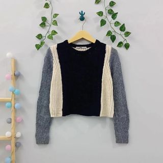 ‼️ HARGA NETT‼️ Crop Sweater Cable Knit Rajut Kepang Tebal Premium Baju Hangat Musim Hujan Dingin Fall Autumn Winter Colorblock 3Tone Monochrome Monokrom 🖤🤍