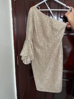 calvin klein gold one shoulder dress CALVIN KLEIN Gold One-Shoulder Ruched Beaded Gown Maxi Dress Size 4 New