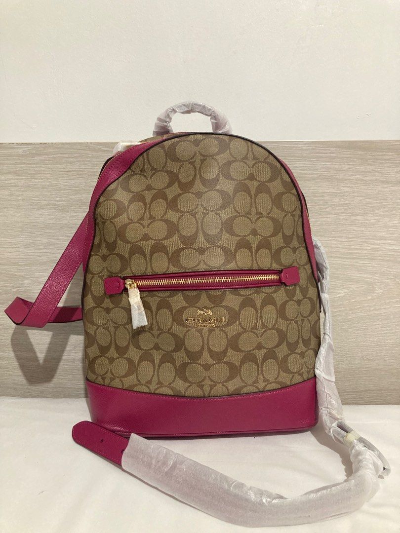 Coach Kenley Backpack In Signature Canvas (Khaki/Cherry) on Carousell