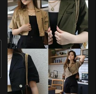 Crop blazer import, All size, fit to L,  Ada warna hitam, milo, army, coksu, putih, dusty, navy, abu, maroon.  Dari harga 1 juta, sekarang sedang diskon besar-besaran , NEW.