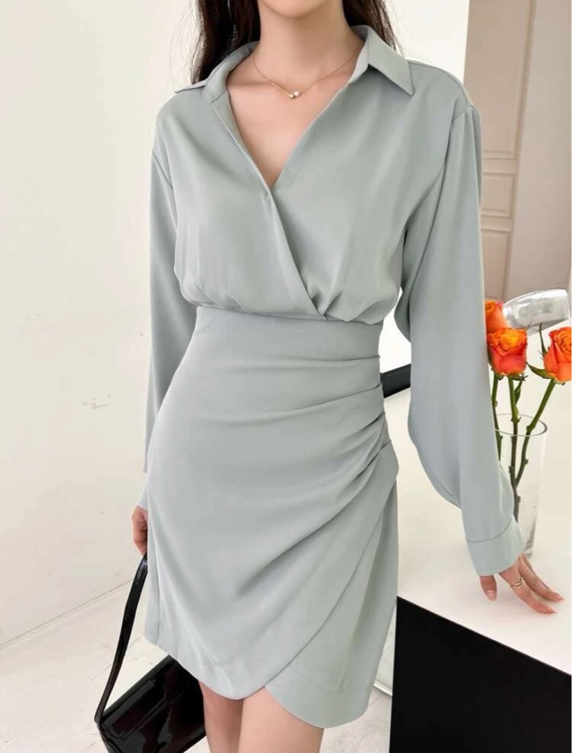Dazy Solid Wrap Ruched Shirt Formal Dress Light Green, Women's Fashion ...