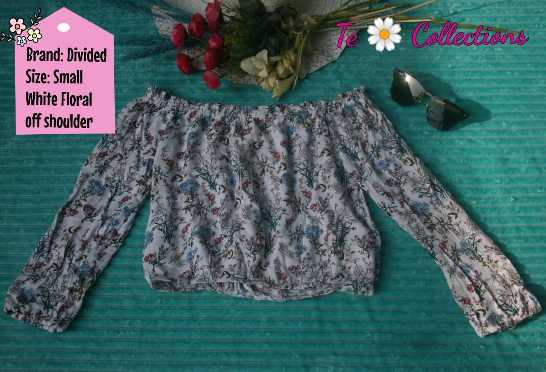 Divided Shoulder Crop Top (Category: Others Tops) located in Naga. Submitted by tefite (Listing ID 1234640791, Image 2). Description: BRAND: Divided MINE: 200 | Size: Small EUC | White multicolor floral off shoulder crop top. NOTE ‼️ 🌷 After when worn photos all items are washed 2x, ironed and sealed with individual plastic. 🌷3 days reservation only. 🌷Always manage your expectations. 🌷Flaw/s will be stated if there's any. 🌷Color may slightly
