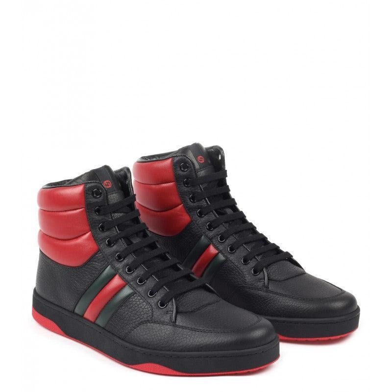 GUCCI Men s Black Red Leather Contrast Padded High top Sneakers