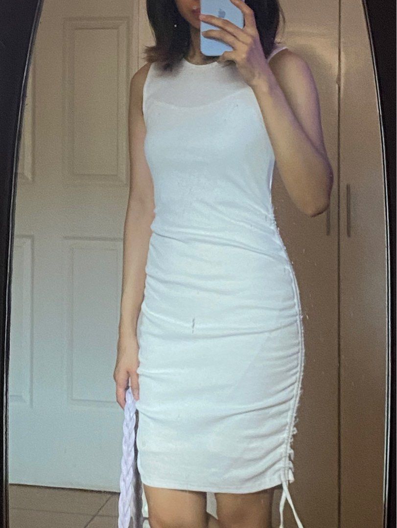 h&m white ruched dress Women's White Ruched Cotton Dress