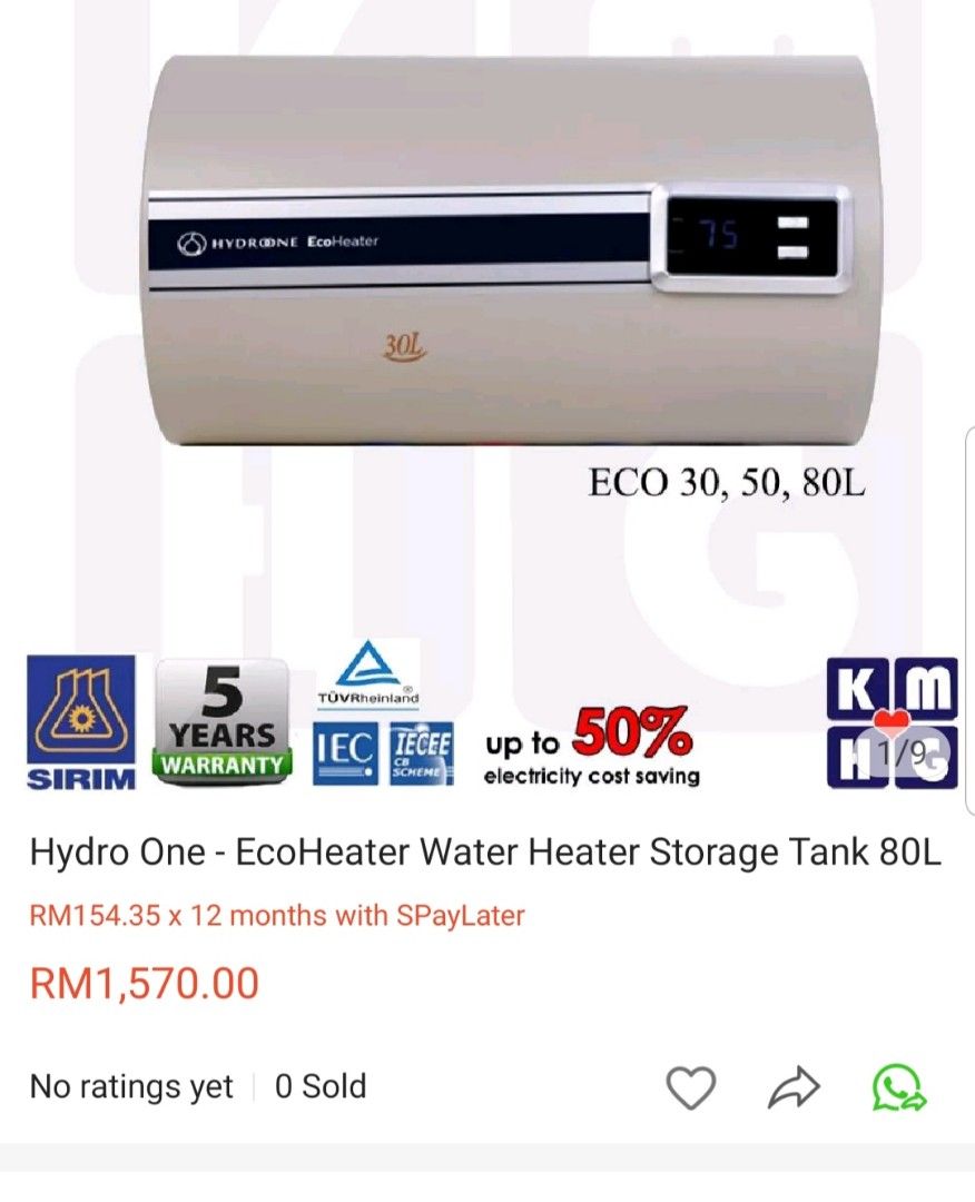 Hydro One Eco80 Water Heater Storage Tank 80L, TV & Home Appliances