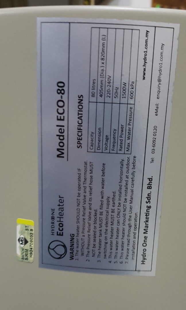 Hydro One Eco80 Water Heater Storage Tank 80L, TV & Home Appliances