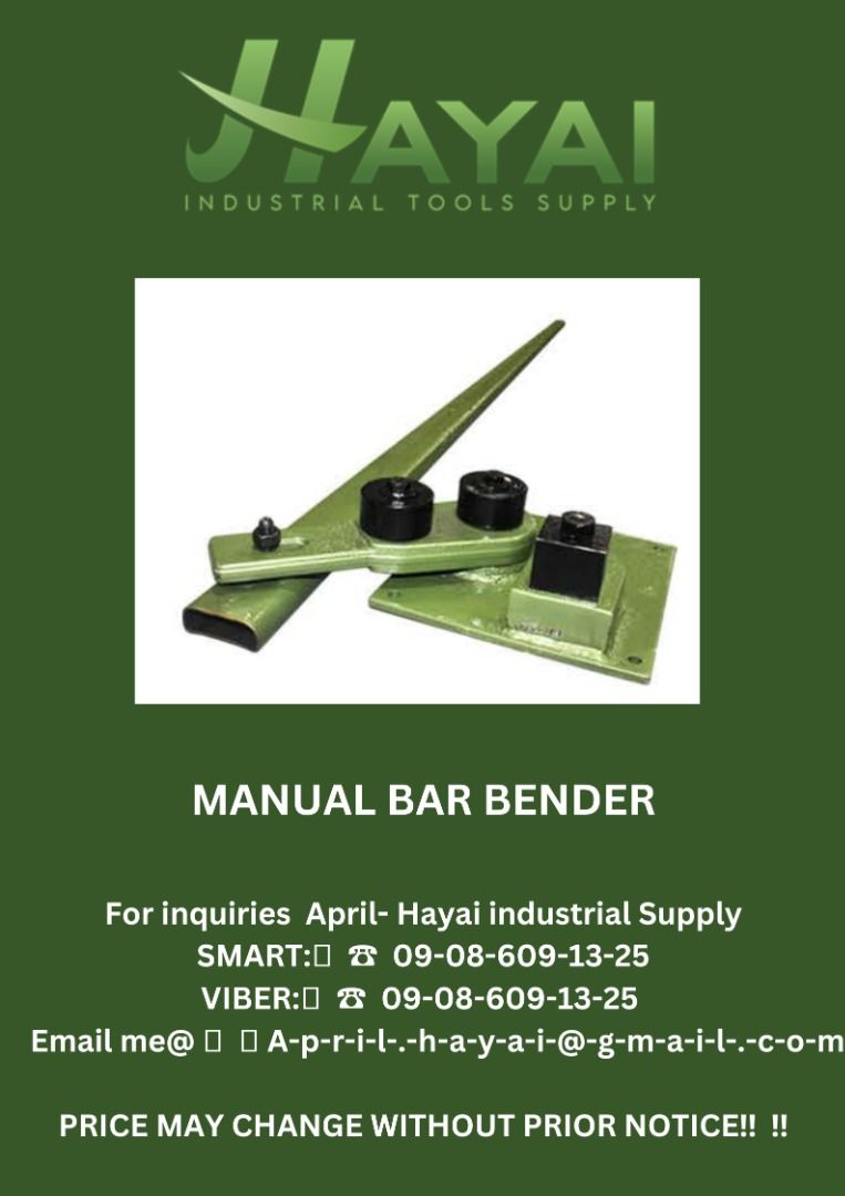 Manual bar bender (Category: Construction Tools & Equipment) located in Caloocan City. Submitted by aprilv96843328 (Listing ID 1234646318, Image 1). Description: Manual bar bender Model: MB22 Size: 22mm PRICE: 10,500 For inquiries April- Hayai industrial Supply SMART:📞 ☎ 09-08-609-13-25 VIBER:📞 ☎ 09-08-609-13-25 Email me@ 📫 📑 A-p-r-i-l-.-h-a-y-a-i-@-g-m-a-i-l-.-c-o-m PRICE MAY CHANGE WITHOUT PRIOR NOTICE‼️ ‼️ .