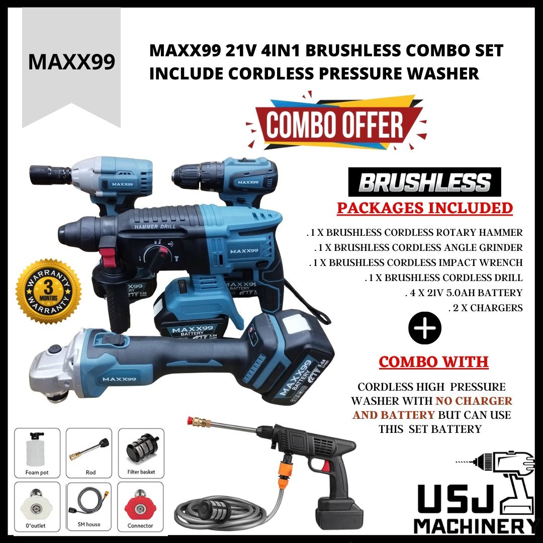 MAXX99 21V 4IN1 Brushless Set Cordless Hammer Drill, Grinder, Electric