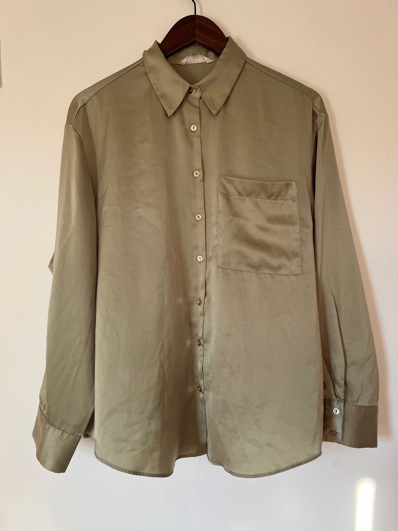 Olive satin blouse P&Co, Women's Fashion, Tops, Blouses on Carousell