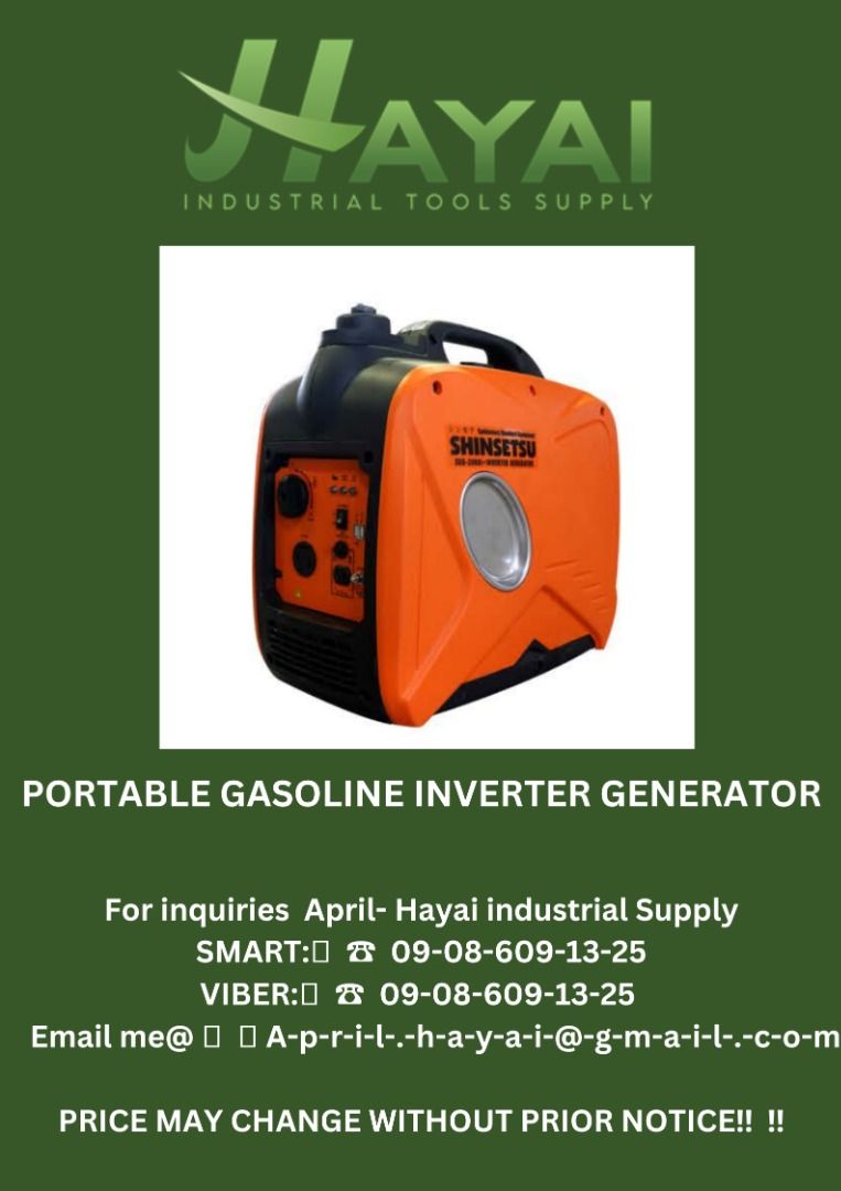 Portable gasoline inverter generator (Category: Construction Tools & Equipment) located in Caloocan City. Submitted by aprilv96843328 (Listing ID 1234680484, Image 1). Description: Portable gasoline inverter generator Rated power: 1.6kw Max power: 2.0kw Frequency: 60hz Rated voltage: 230v Fuel tank capacity: 4L Full load continous Running time: 4hrs Rated speed: 3,600rpm Weight: 22kg PRICE: 42,000 For inquiries April- Hayai industrial Supply SMAR