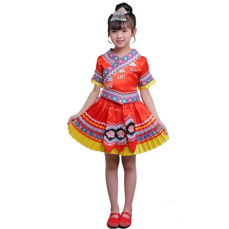 Q3316 [民族服] 中國少數民族飾苗族彝族壯族舞台表演服女童, 女裝, 連