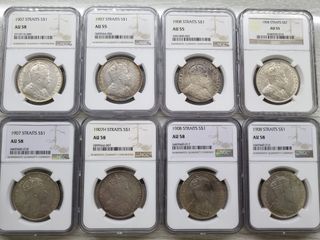 Straits 1907 & 1908 Edward $1 coin AU 55/58 (8 pc)