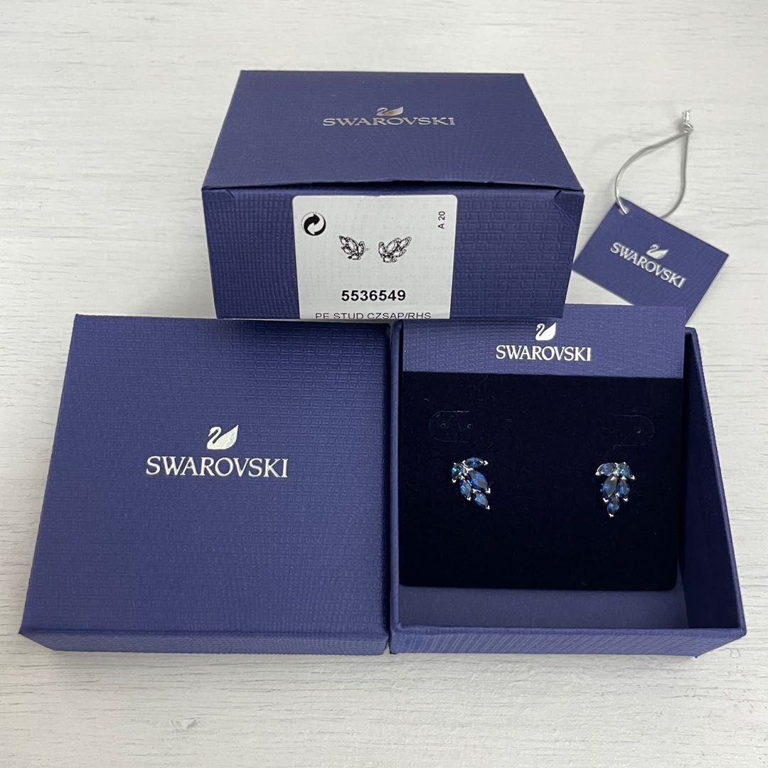 Swarovski Louison Leaf Stud Pierced Earrings for Women, Set of Blue Crystal  Studs with Rhodium Plated Setting 