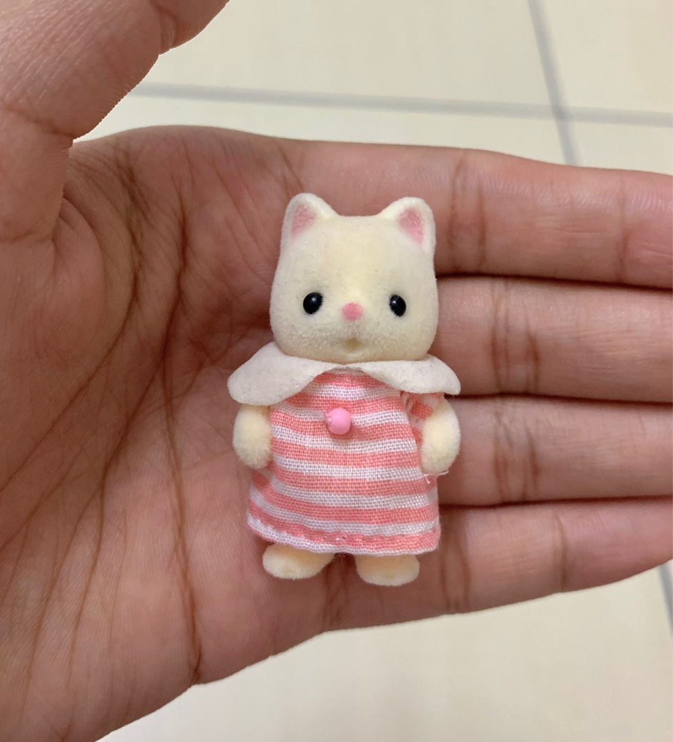 Sylvanian Families Silk Cat Baby in Striped Pink Dress