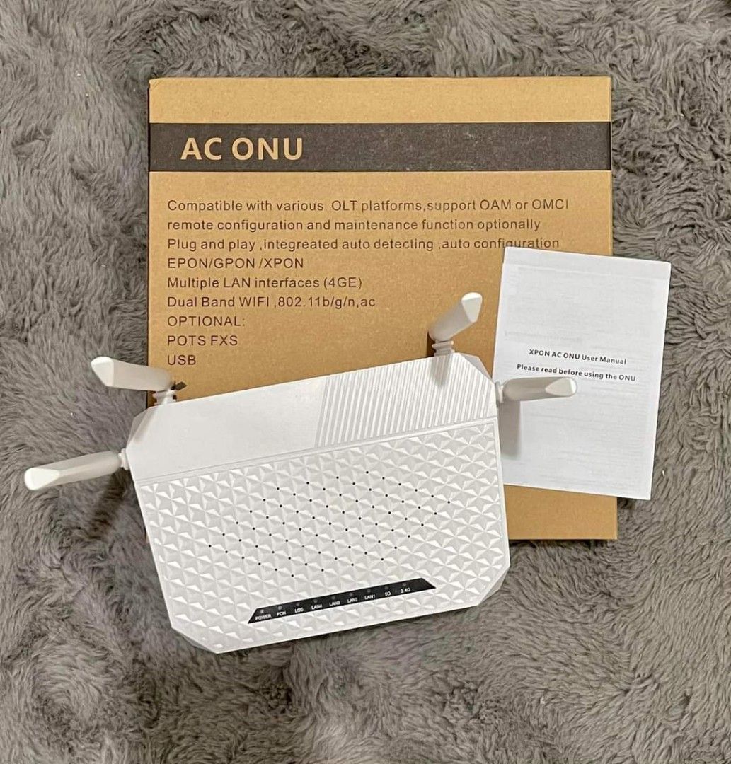 XPON AC ONU DUALBAND WIFI (Category: Networking) located in Manila. Submitted by sdfsolutions (Listing ID 1234748460, Image 1). Description: Introducing XPON AC ONU DUALBAND WiFi with a brand new board powered by Realtek chipset. Enjoy high-speed internet access via fiber optic network and connect all your devices seamlessly with dual-band WiFi support. The Realtek chipset ensures reliable and efficient performance, making it the perfect solution