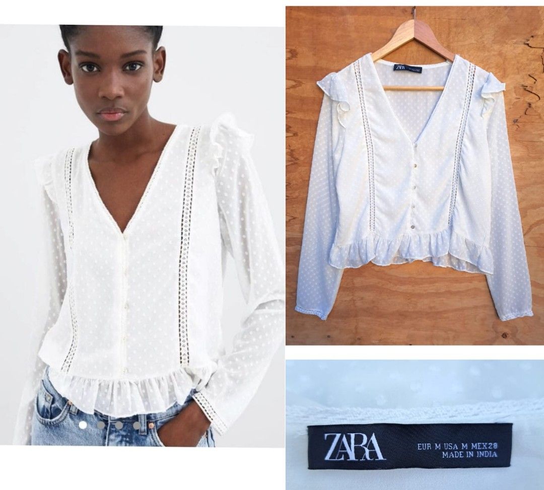 Zara White Texture Dot Ruffle Blouse Women s Fashion Tops