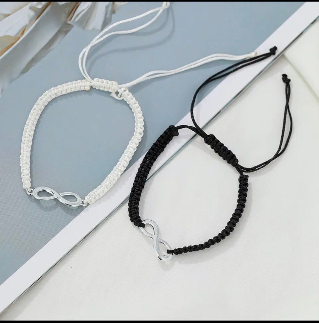 4pcs Couple Quartz Watch Bracelet Set Couple Fashion Black White Leather Strap Quartz Watch Woven Infinity Bracelets Set