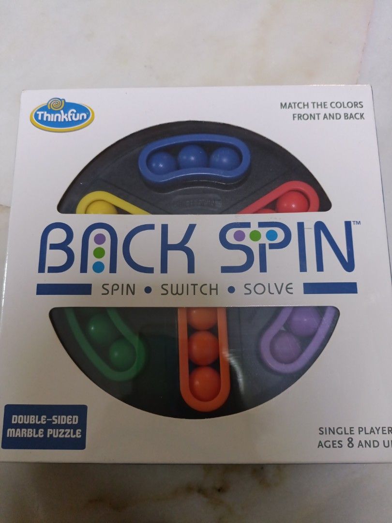Back Spin by Thinkfun (Category: Board Games & Puzzles) located in Singapore. Submitted by predprey24 (Listing ID 1234938751, Image 1). Description: Back Spin by Thinkfun - Double-sided Marble Puzzle - Spin, Switch, Solve - Single Player - Ages 8+.