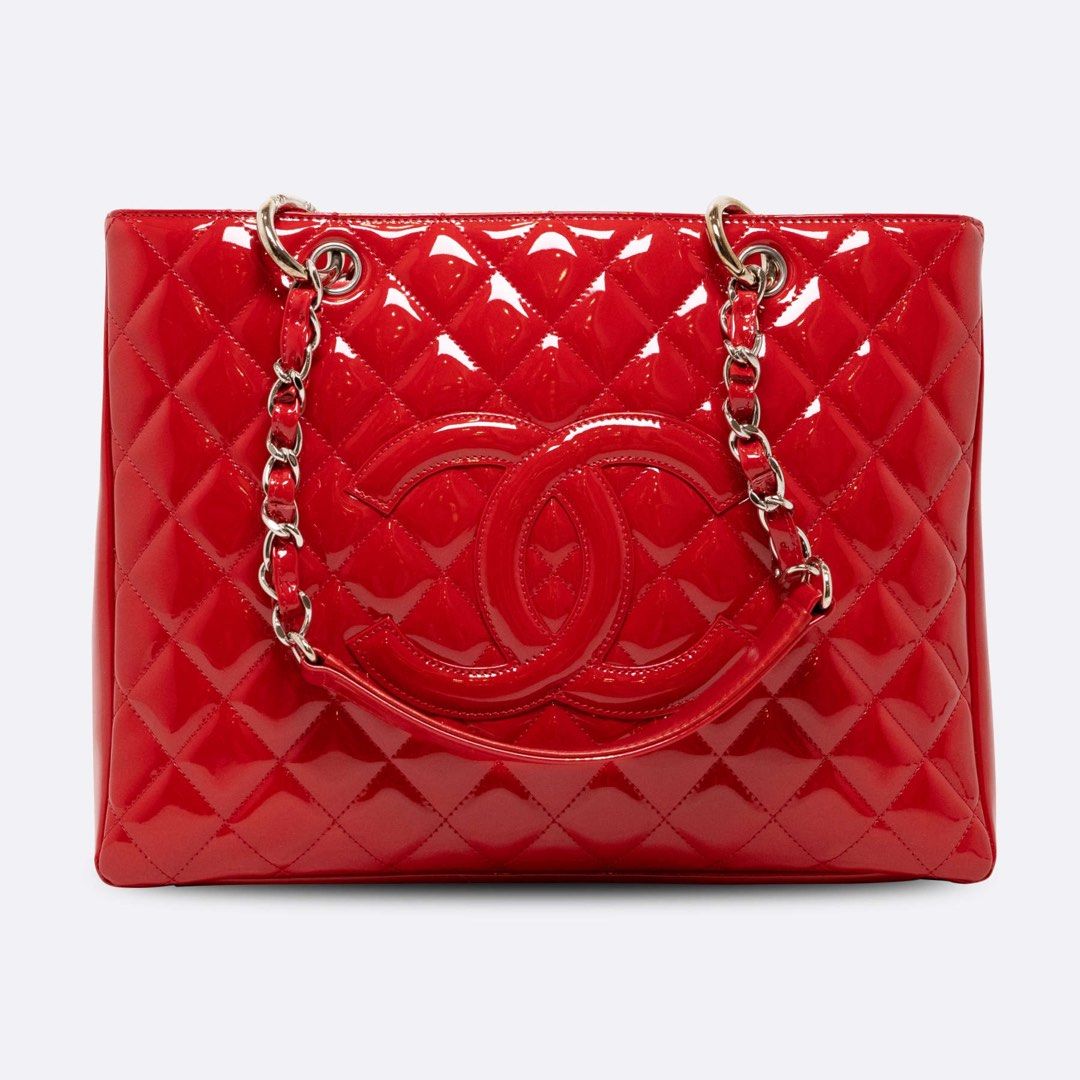 CHANEL GRAND SHOPPING TOTE BAG GST LARGE RED PATENT LEATHER