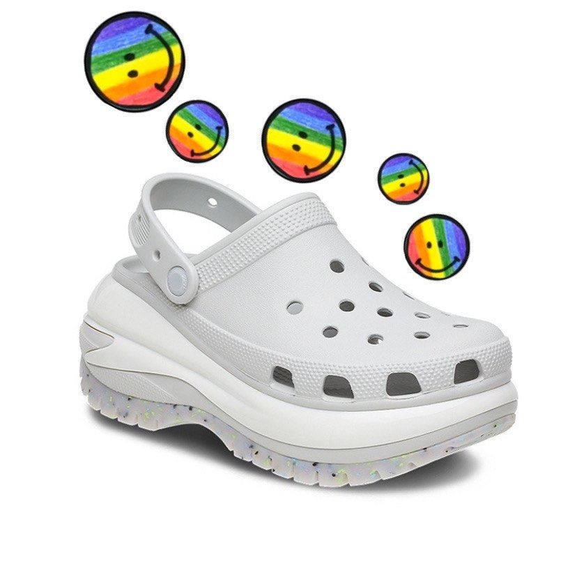 White crocs hotsell with rainbow bottom