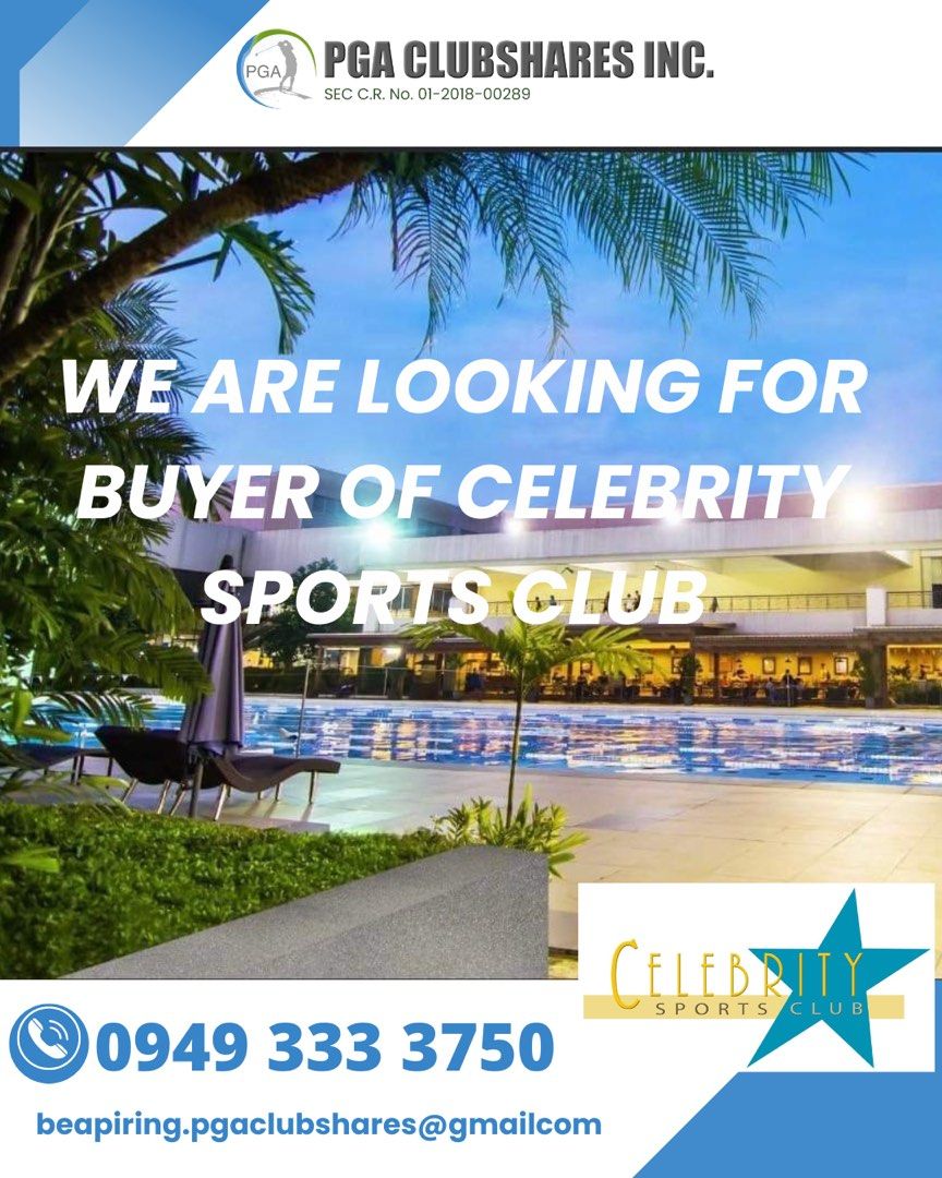 Golf Clubshares (Category: Golf) located in Muntinlupa City. Submitted by beapring.pgaclubshares (Listing ID 1234859194, Image 1). Description: Good day Golfers! We are looking for Buyer of Celebrity Sports Club.. Call/Text for Inquiries 0949 333 3750 beapiring.pgaclubshares@gmail.com Stay safe and enjoy your game⛳️🏌️‍♂️.