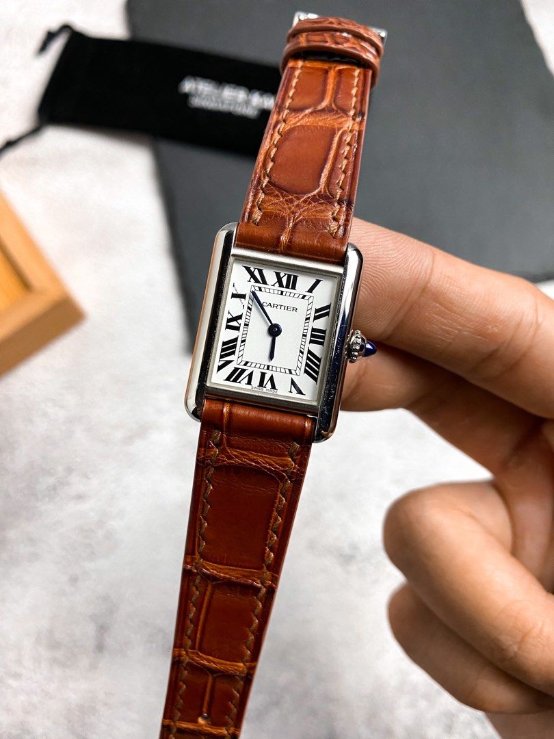 Handmade Mahogany Brown Alligator Leather Watch Strap for Cartier Tank S