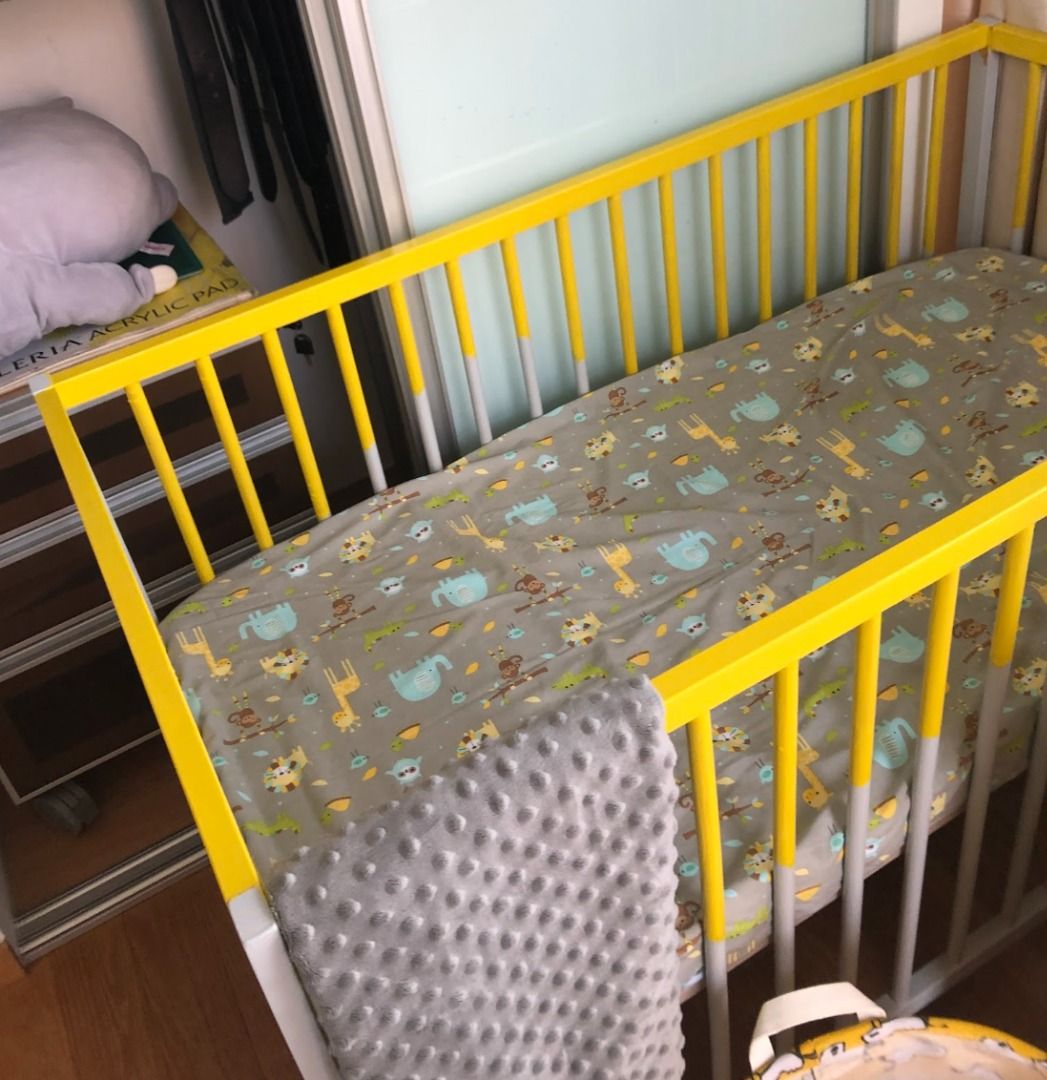 IKEA cot/crib painted with beautiful highend paints in yellow and gray