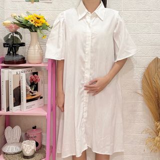 NEW! White & Blue Jeans Balloon Sleeve Oversized Dress Midi Button Fashion Wanita