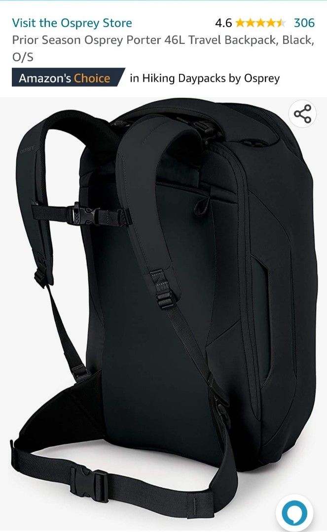 Osprey Porter 46L Travel Backpack, Black, O/S, 男裝, 袋, 背包