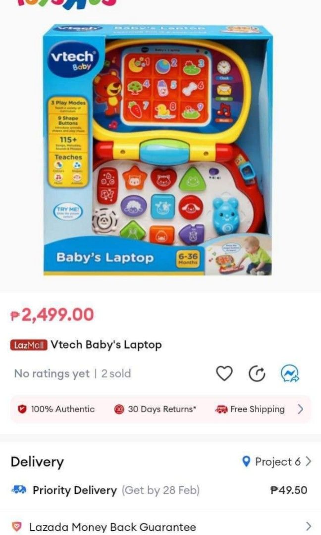 preloved brilliant baby laptop (Category: Infant Playtime) located in San Fernando. Submitted by gemmagopez_a2z (Listing ID 1234938560, Image 2). Description: Features & details Explore and learn with the Brilliant Baby Laptop by VTech; this travel-ready toy laptop features nine brightly colored shape buttons and a movable mouse that interact with the light-up screen Choose animal mode to learn about animals and their sounds, shape mode to explor