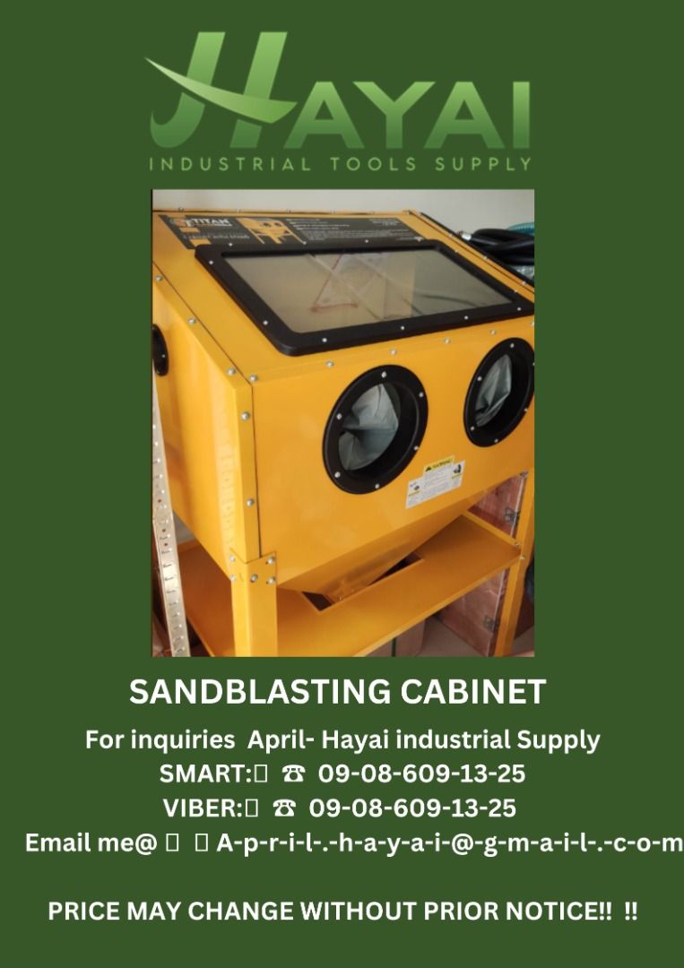 Sandblasting cabinet (Category: Construction Tools & Equipment) located in Caloocan City. Submitted by aprilv96843328 (Listing ID 1234882389, Image 1). Description: Sandblasting cabinet Model: TST-SBC220L Specs: air inlet size 1/4" NPT Max presssure: 125psi Ave air consumption: 9.5 CFM @ 90 PSI PRICE: 15,500 For inquiries April- Hayai industrial Supply SMART:📞 ☎ 09-08-609-13-25 VIBER:📞 ☎ 09-08-609-13-25 Email me@ 📫 📑 A-p-r-i-l-.-h-a-y-a-i-@-g