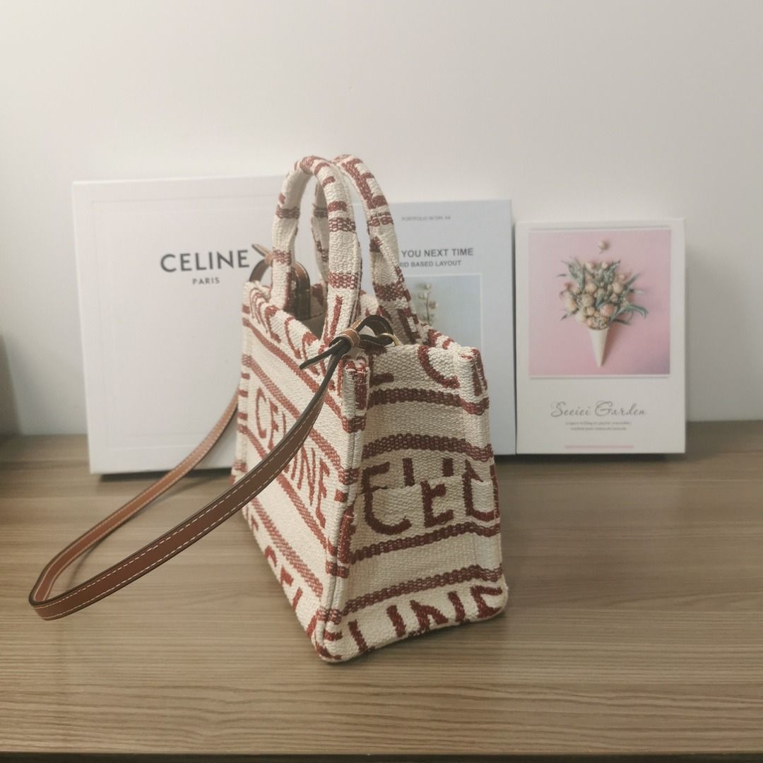 SMALL CABAS THAIS IN STRIPED TEXTILE WITH CELINE JACQUARD - TOBACCO / TAN