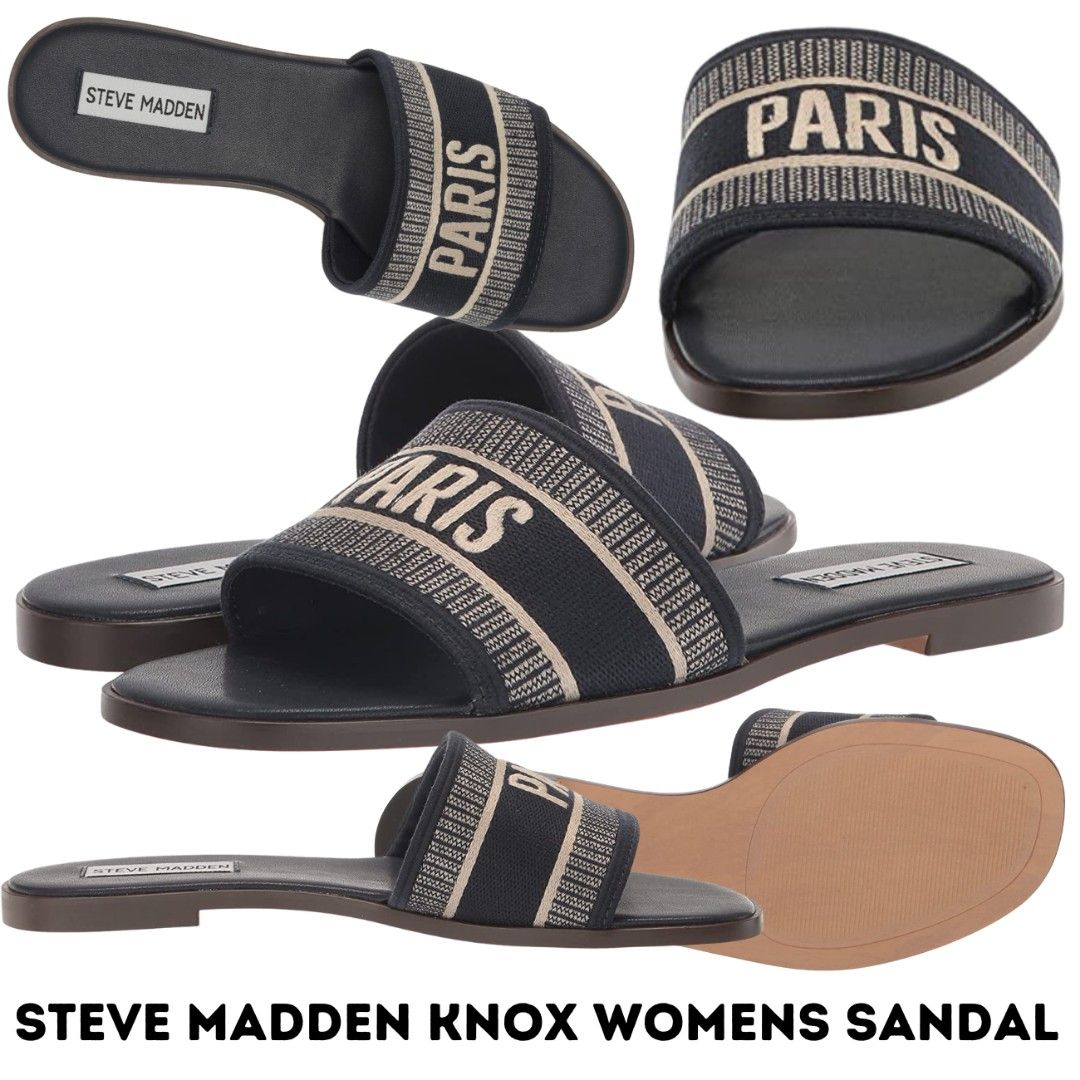 Steve Madden Knox Womens Sandal (Category: Flats & Sandals) located in Las Pinas. Submitted by theshopexpress (Listing ID 1234934936, Image 1). Description: Steve Madden Womens - Casual flat slide sandal - Woven strap with text design -Knit fabric upper with embroidery details - Slip-on fit - Lightly cushioned footbed *1/2" heel height •Origin: Made in the USA •Sole Material: Synthetic Rubber •Outer Material: Faux Leather •Closure Type: Slip On T