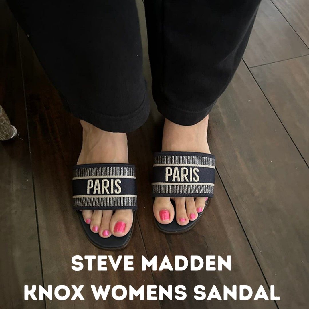 Steve Madden Knox Womens Sandal (Category: Flats & Sandals) located in Las Pinas. Submitted by theshopexpress (Listing ID 1234934936, Image 2). Description: Steve Madden Womens - Casual flat slide sandal - Woven strap with text design -Knit fabric upper with embroidery details - Slip-on fit - Lightly cushioned footbed *1/2" heel height •Origin: Made in the USA •Sole Material: Synthetic Rubber •Outer Material: Faux Leather •Closure Type: Slip On T