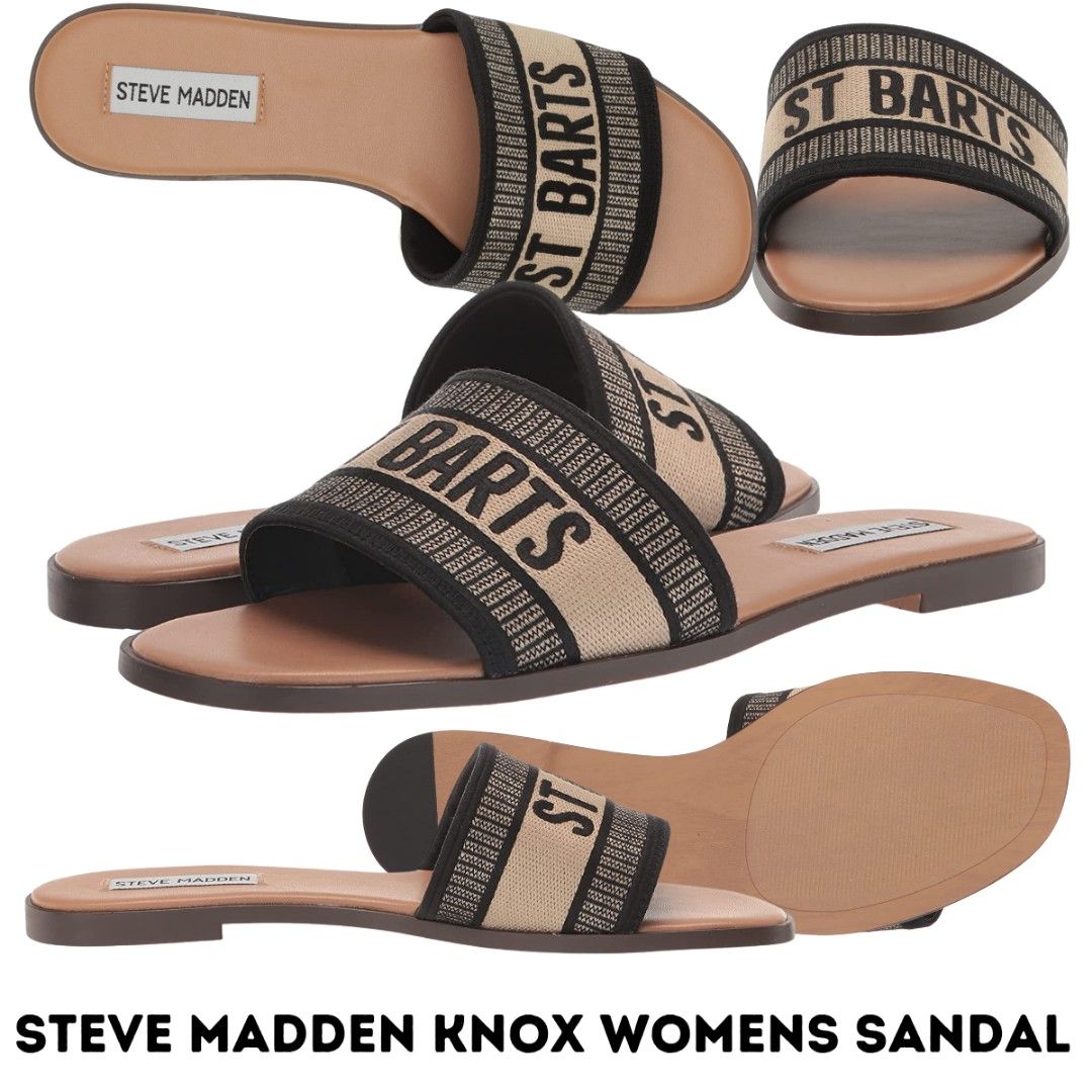 Steve Madden Knox Womens Sandal (Category: Flats & Sandals) located in Las Pinas. Submitted by theshopexpress (Listing ID 1234934936, Image 3). Description: Steve Madden Womens - Casual flat slide sandal - Woven strap with text design -Knit fabric upper with embroidery details - Slip-on fit - Lightly cushioned footbed *1/2" heel height •Origin: Made in the USA •Sole Material: Synthetic Rubber •Outer Material: Faux Leather •Closure Type: Slip On T