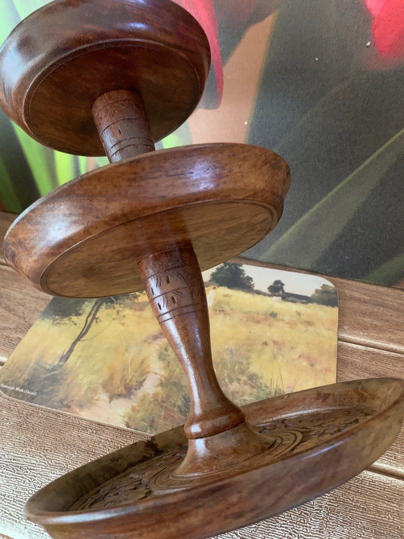 Vintage Hand crafted Teak Carved wood 3 Tiers Round Tray Stand with