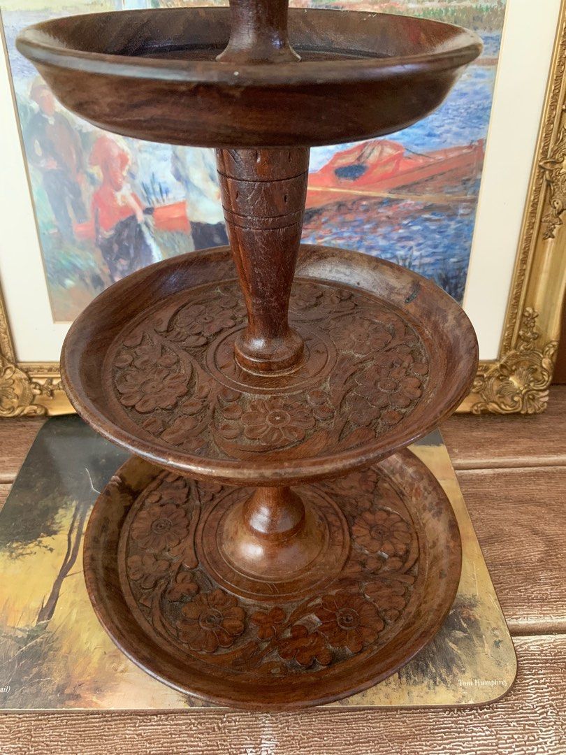 Vintage Hand crafted Teak Carved wood 3 Tiers Round Tray Stand with