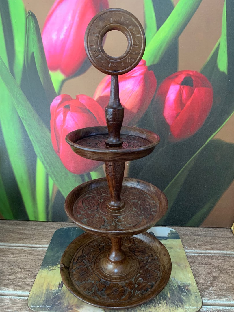 Vintage Hand crafted Teak Carved wood 3 Tiers Round Tray Stand with