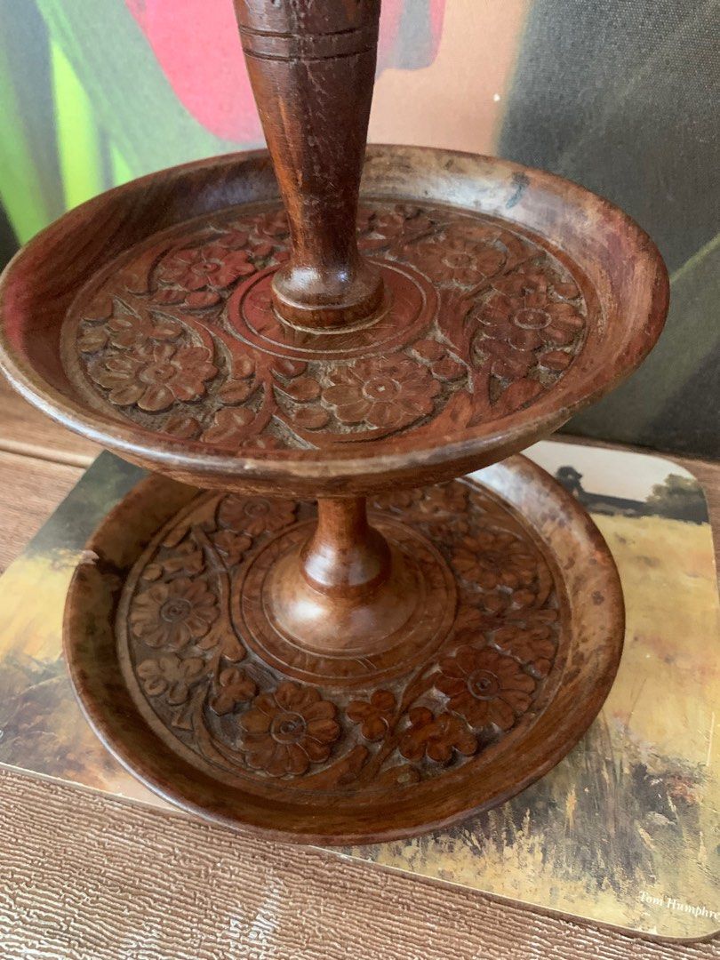 Vintage Hand crafted Teak Carved wood 3 Tiers Round Tray Stand with