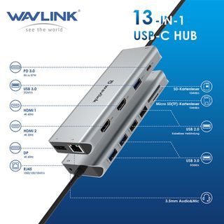 [FREE Cooling Fan] Wavlink USB C 13 in 1 Hub Docking MST SST Station Triple Display Type-C Adapter with 2x HDMI and Port 87w PD 3.0 Charging Ethernet SD Card Reader for Windows